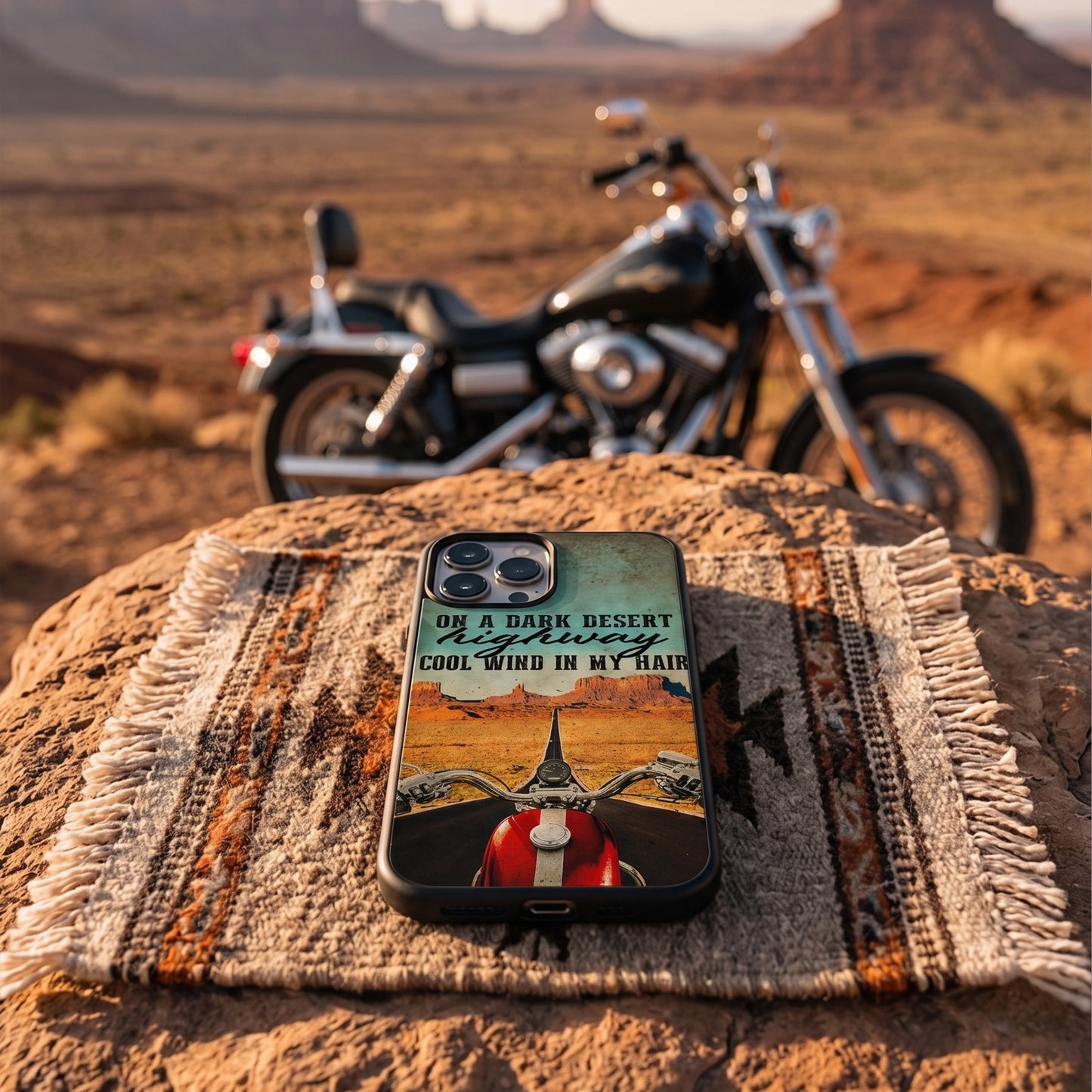 On A Dark Desert Biker Phone Case