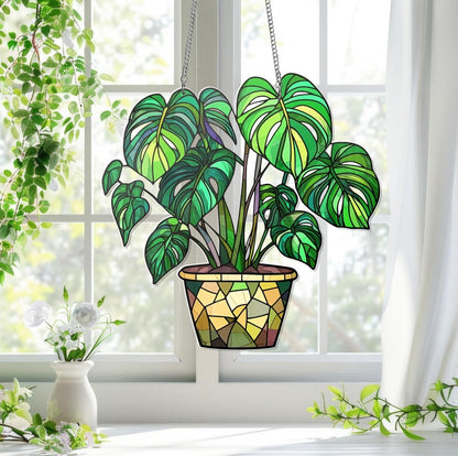 Monstera Leaves Window Decor, Flowers Acrylic Window Hanging