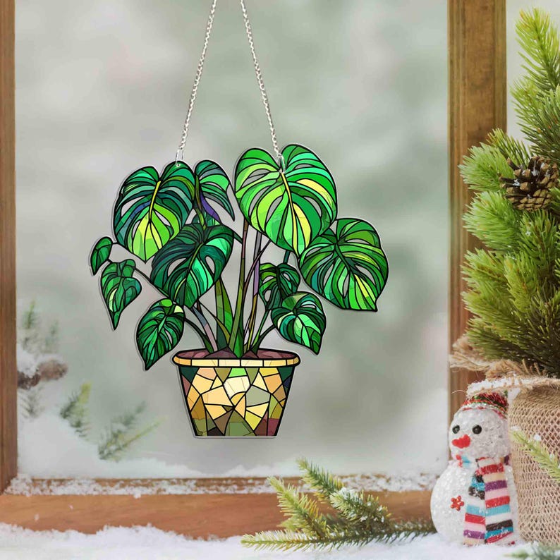 Monstera Leaves Window Decor, Flowers Acrylic Window Hanging