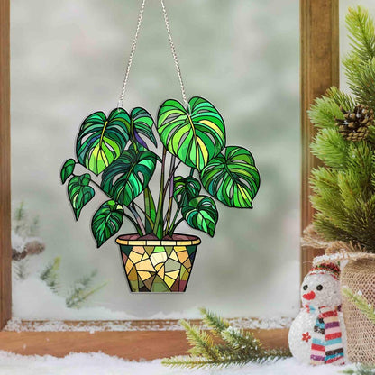 Monstera Leaves Window Decor, Flowers Acrylic Window Hanging