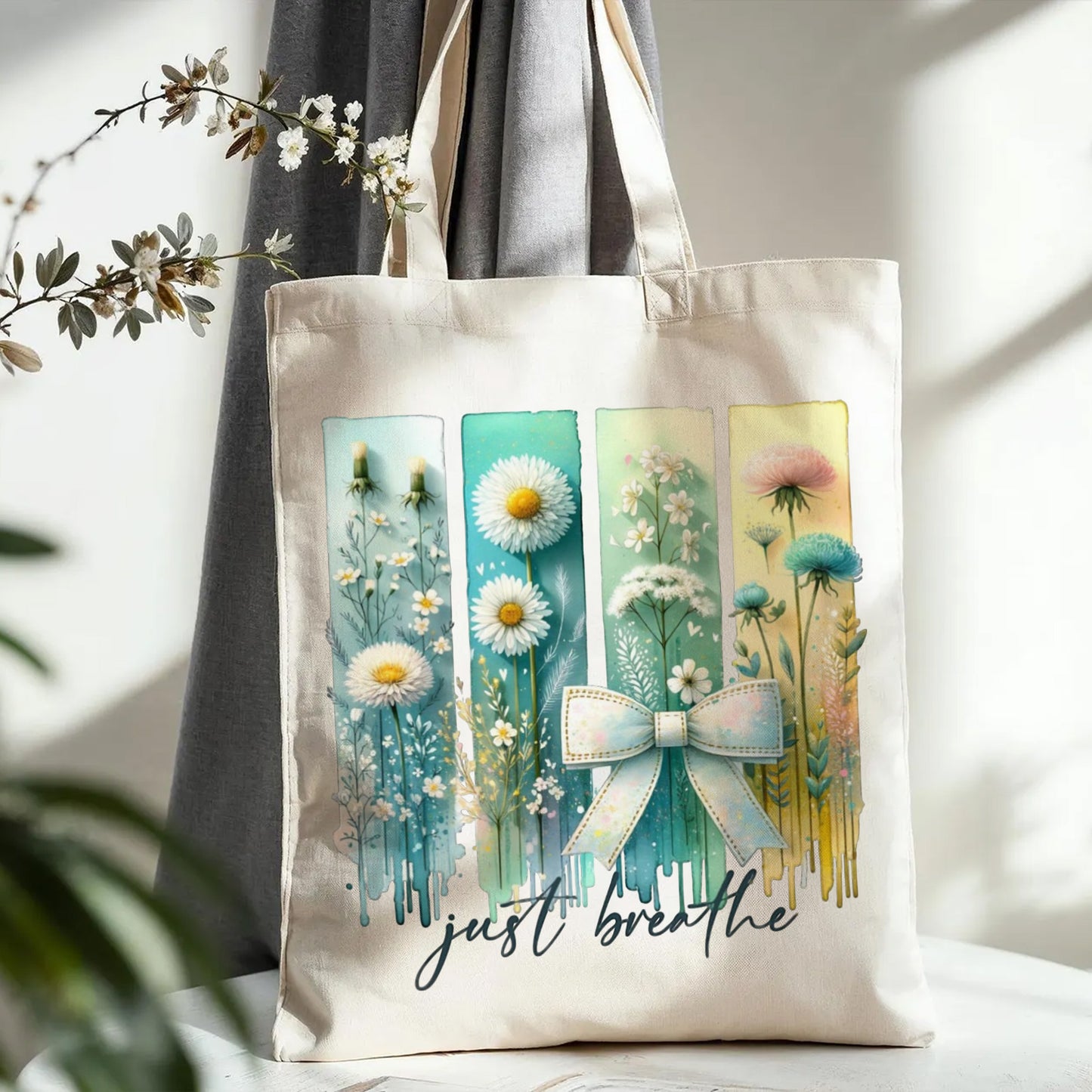 “Just Breathe” Floral Canvas Tote Bag