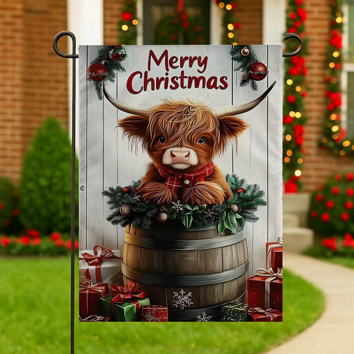 Merry Christmas Highland Cow Garden Flag