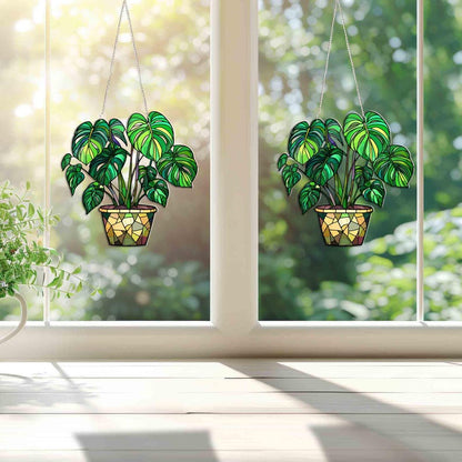 Monstera Leaves Window Decor, Flowers Acrylic Window Hanging