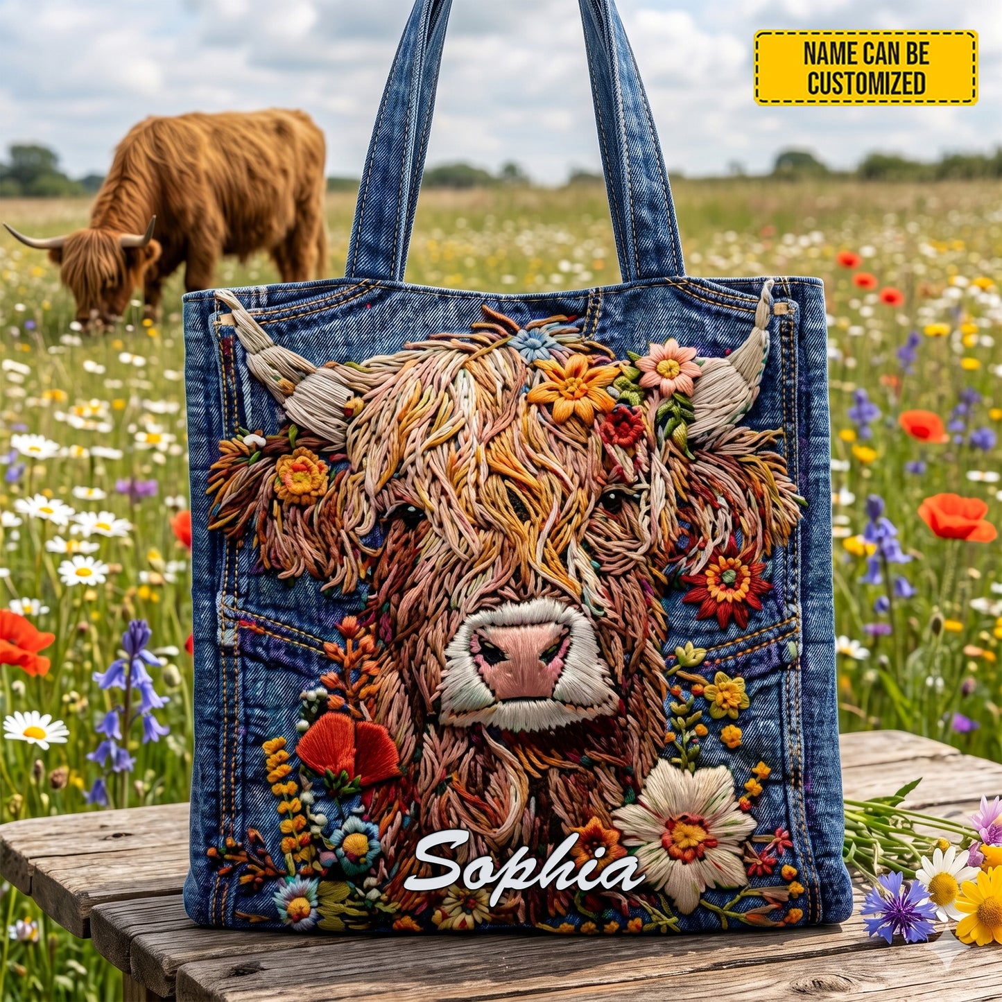 Personalized Highland Cow Denim Tote Bag