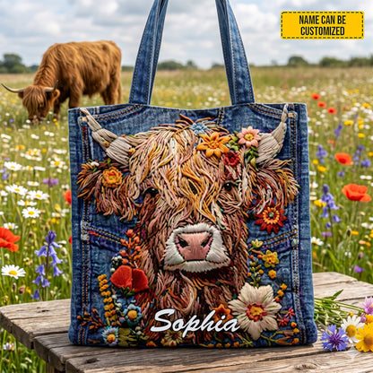 Personalized Highland Cow Denim Tote Bag