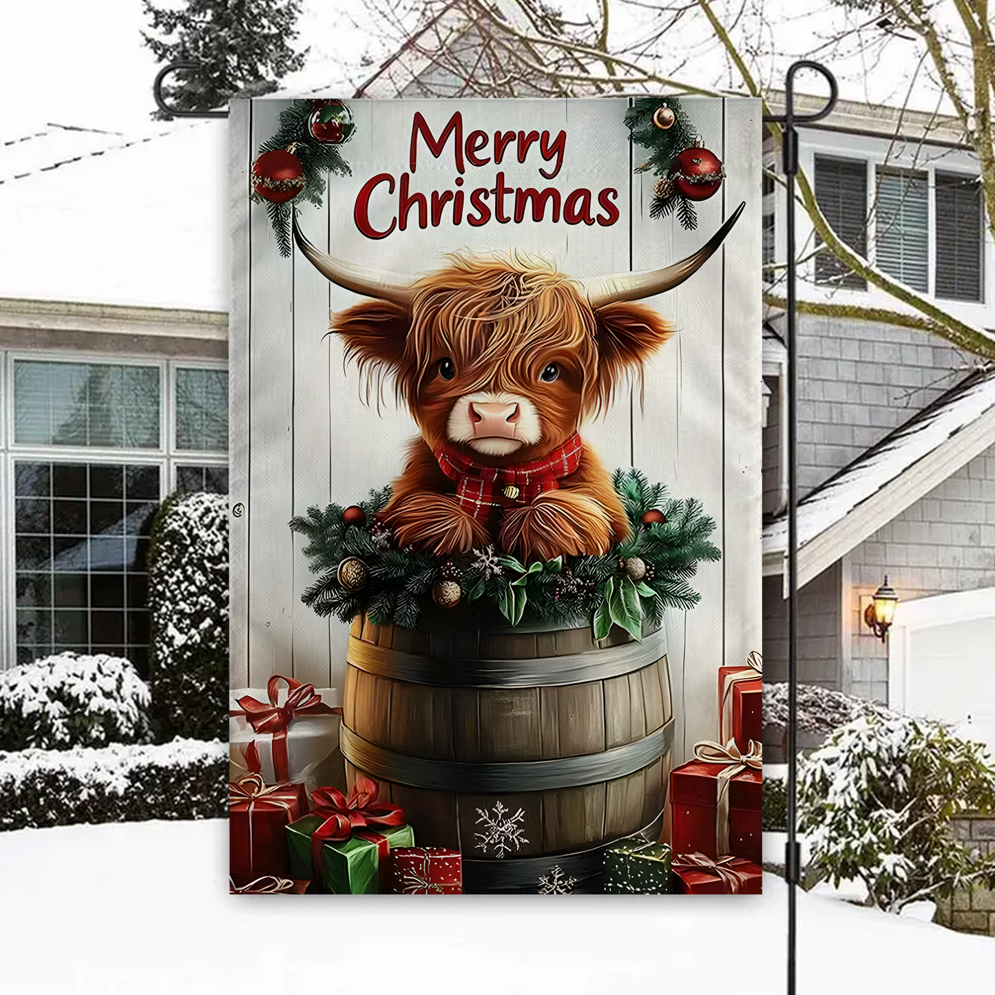 Merry Christmas Highland Cow Garden Flag