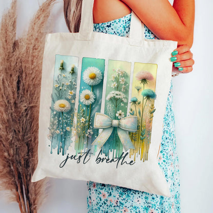 “Just Breathe” Floral Canvas Tote Bag