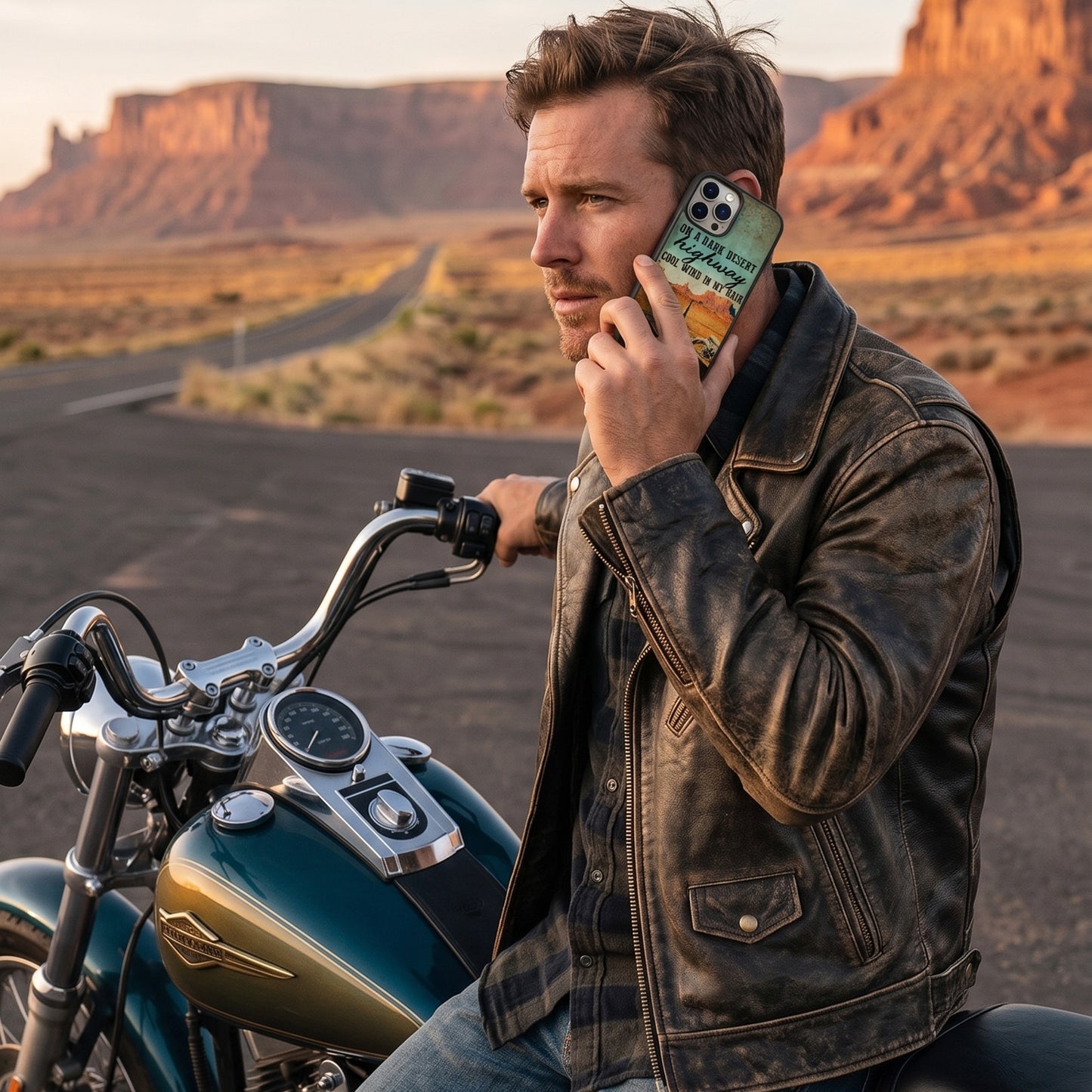 On A Dark Desert Biker Phone Case
