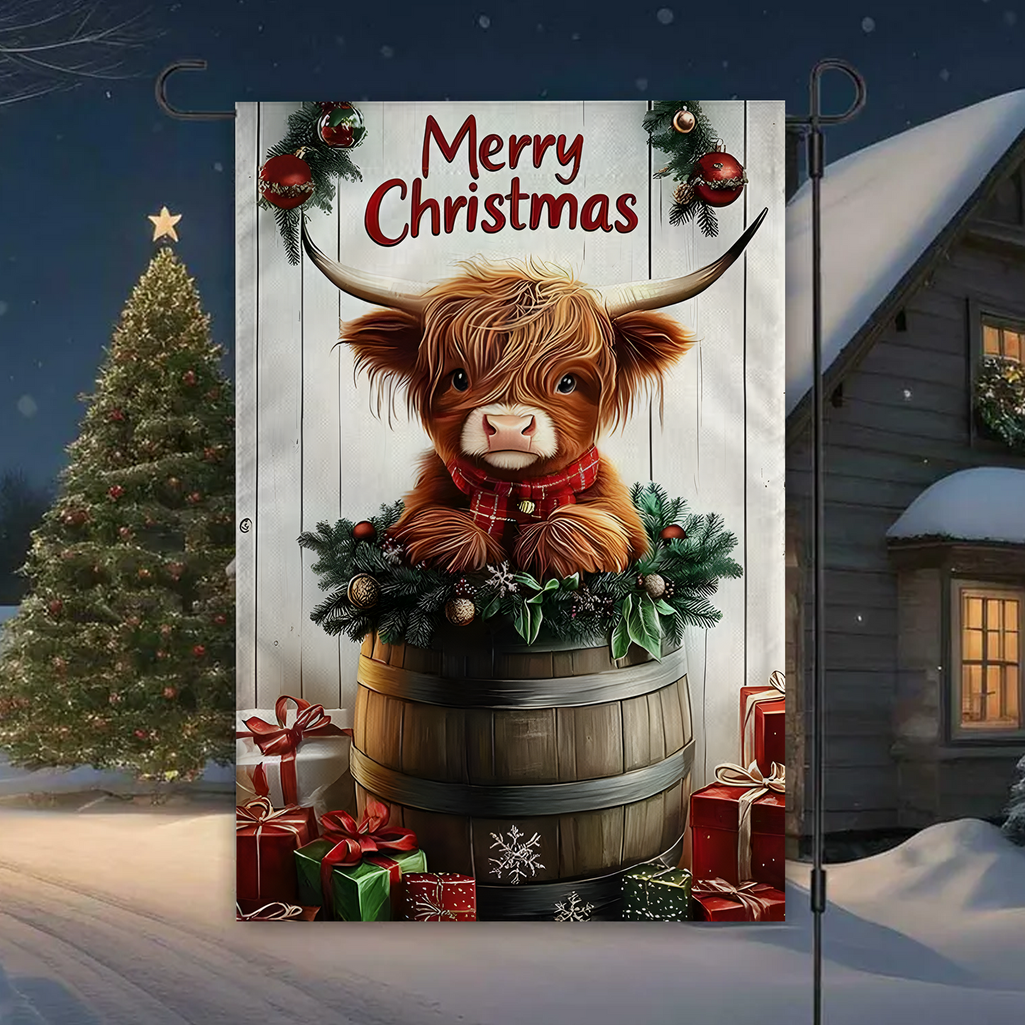 Merry Christmas Highland Cow Garden Flag
