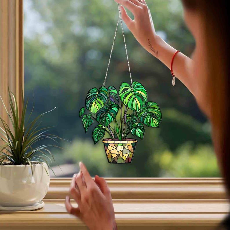 Monstera Leaves Window Decor, Flowers Acrylic Window Hanging