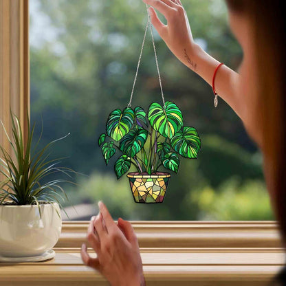 Monstera Leaves Window Decor, Flowers Acrylic Window Hanging