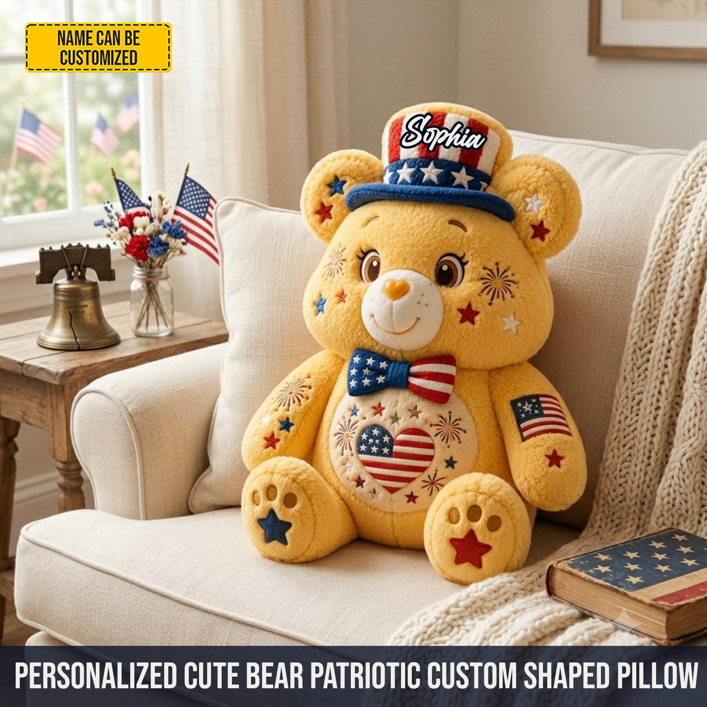 Personalized Cute Bear Patriotic Custom Shaped Pillow