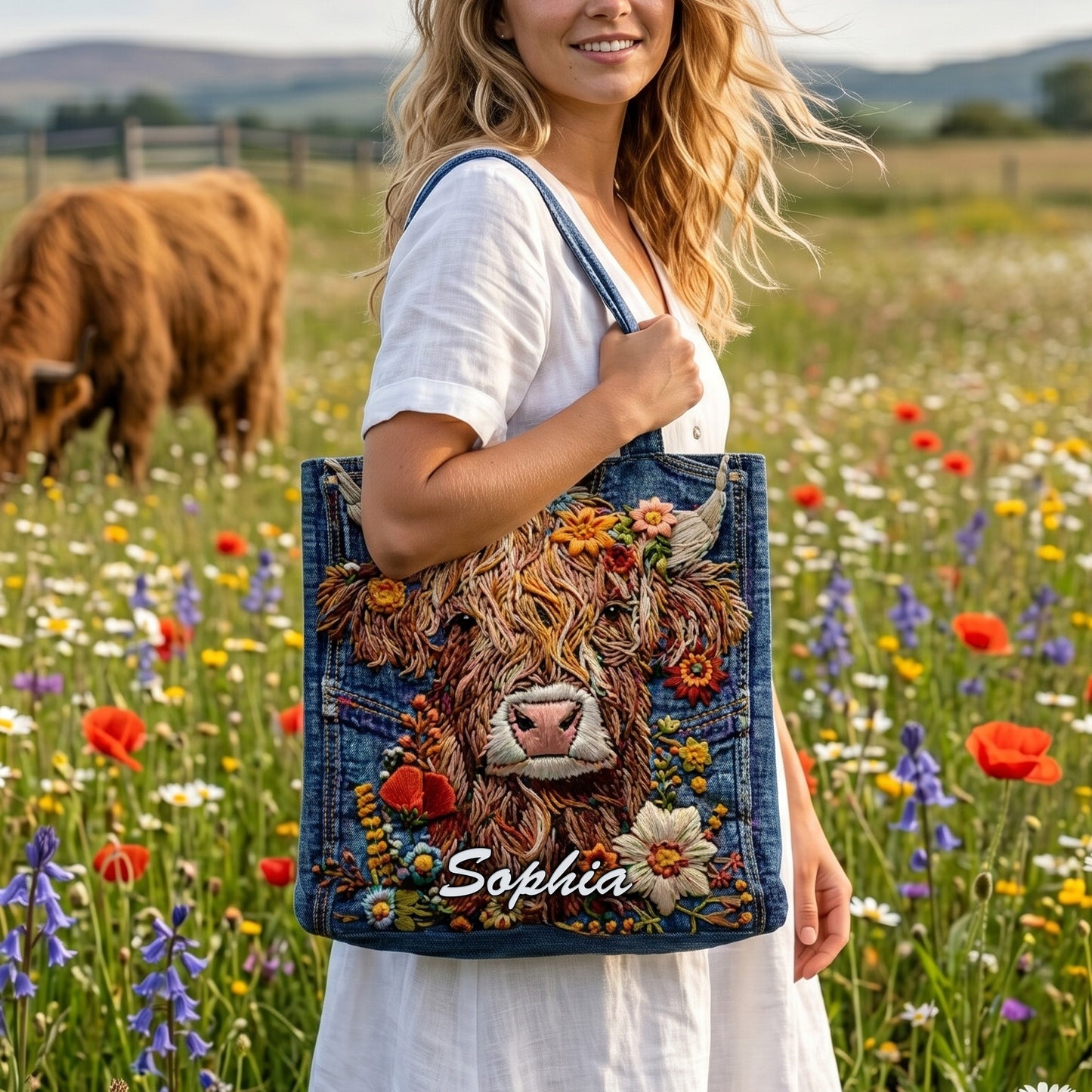 Personalized Highland Cow Denim Tote Bag