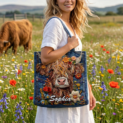 Personalized Highland Cow Denim Tote Bag