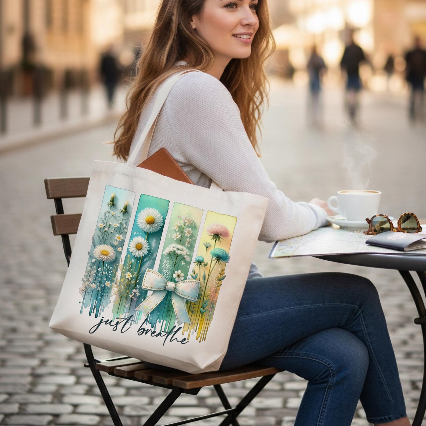 “Just Breathe” Floral Canvas Tote Bag