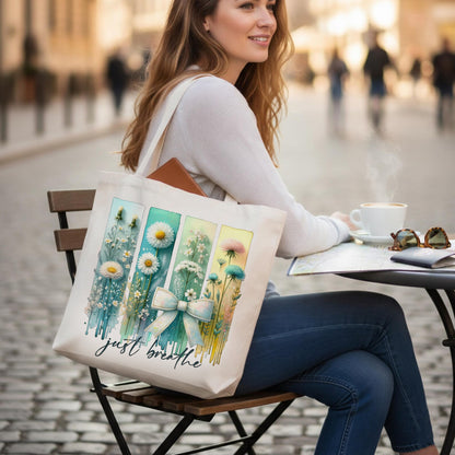 “Just Breathe” Floral Canvas Tote Bag
