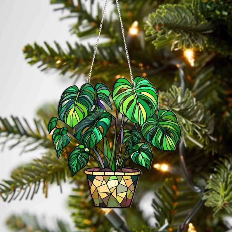 Monstera Leaves Window Decor, Flowers Acrylic Window Hanging