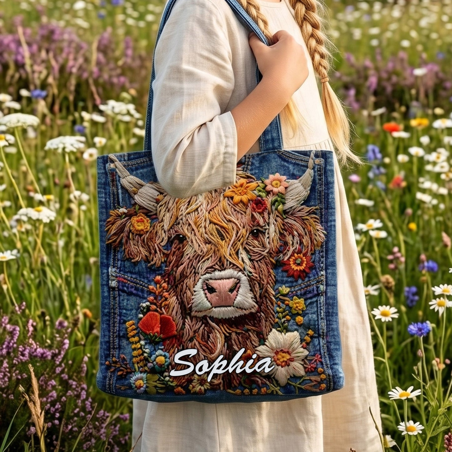 Personalized Highland Cow Denim Tote Bag