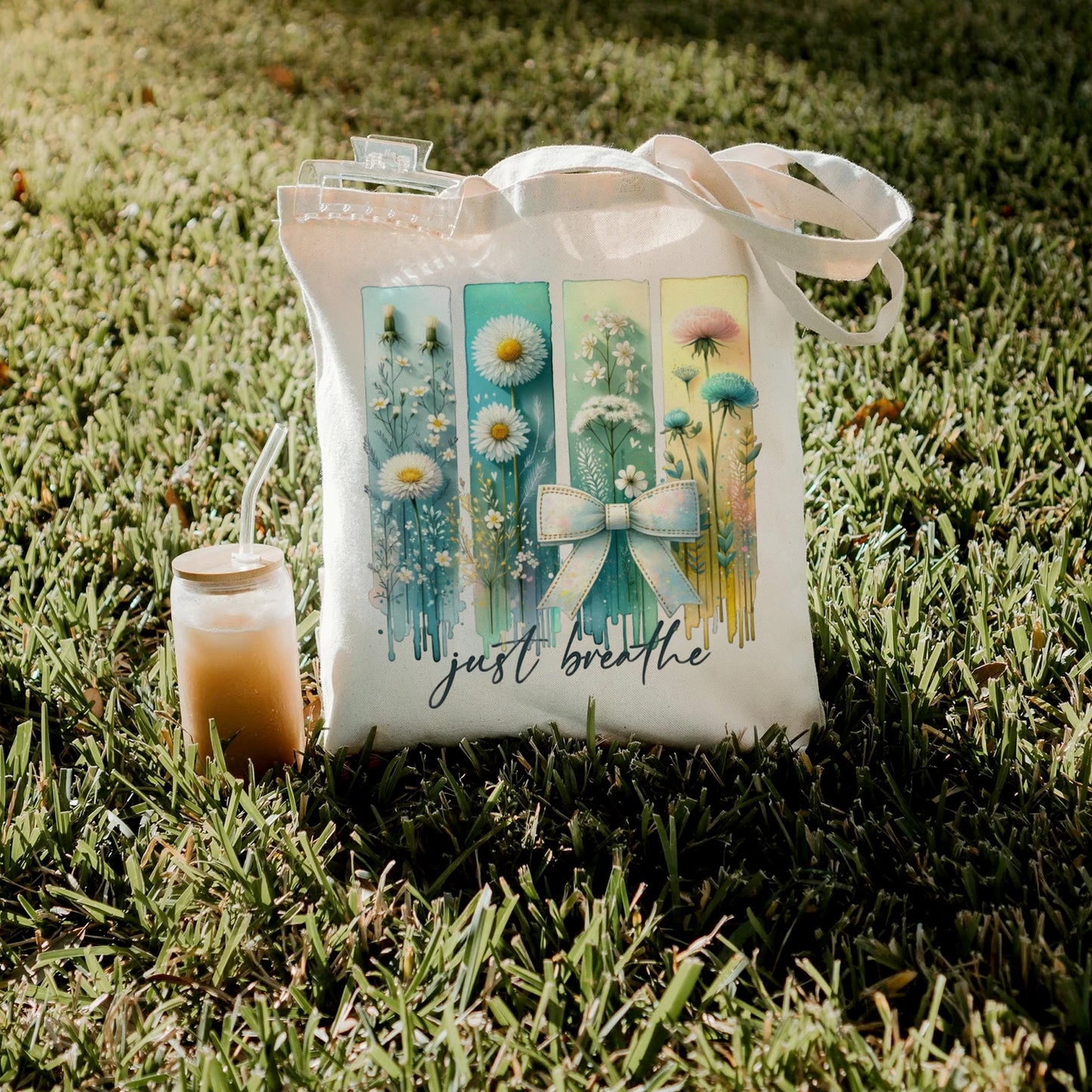 “Just Breathe” Floral Canvas Tote Bag