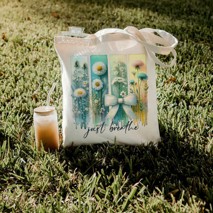 “Just Breathe” Floral Canvas Tote Bag