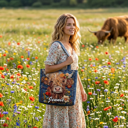 Personalized Highland Cow Denim Tote Bag
