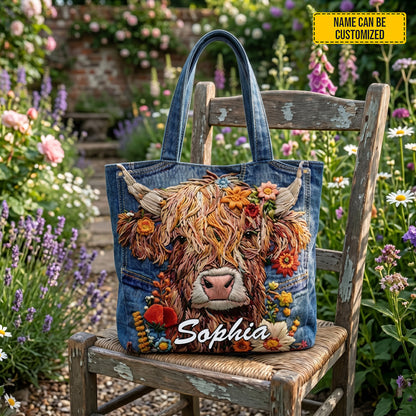 Personalized Highland Cow Denim Tote Bag
