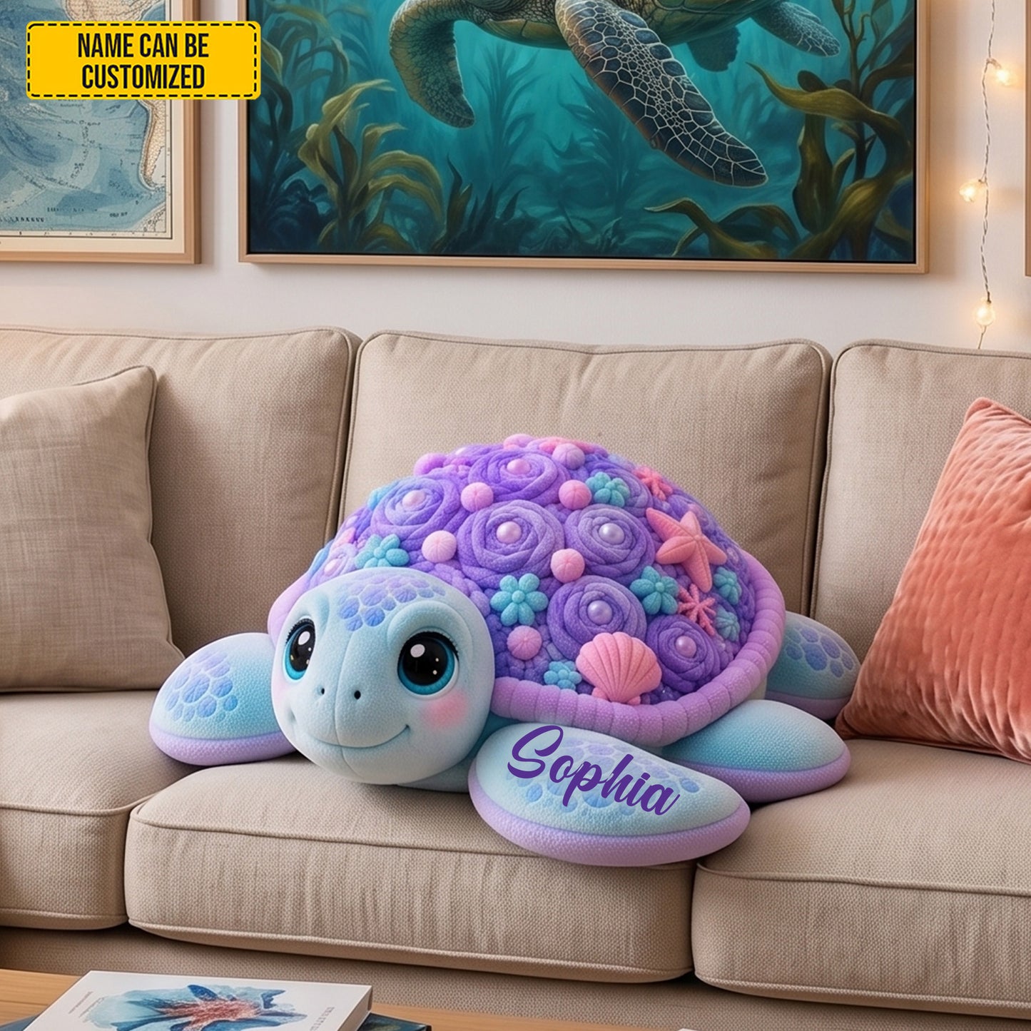 Personalized Floral Sea Turtle Shaped Pillow