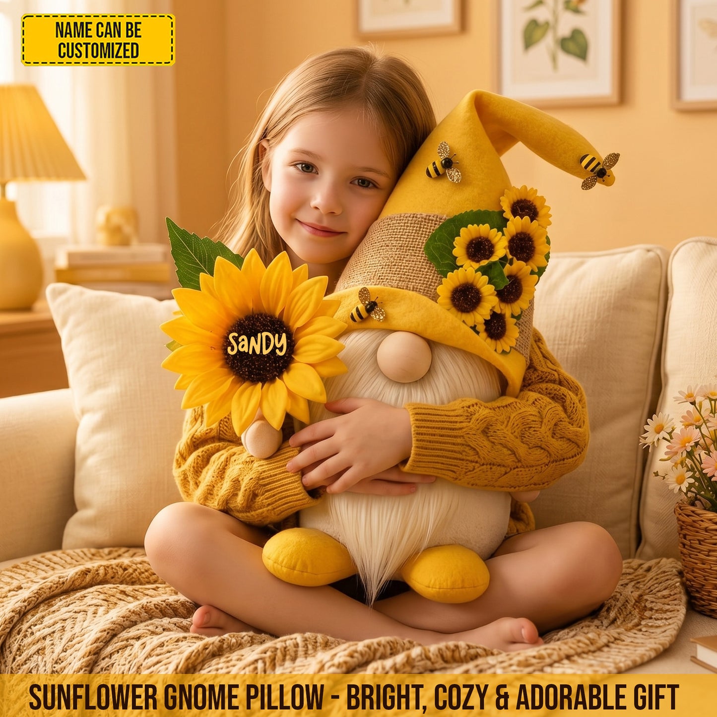 Personalized Sunflower Gnome Custom Shaped Pillow