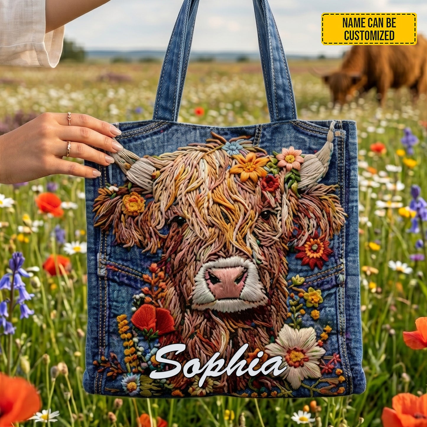 Personalized Highland Cow Denim Tote Bag