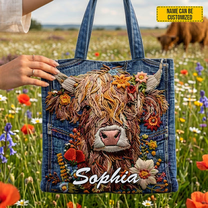 Personalized Highland Cow Denim Tote Bag