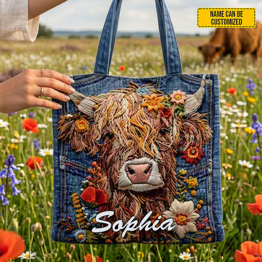 Personalized Highland Cow Denim Tote Bag