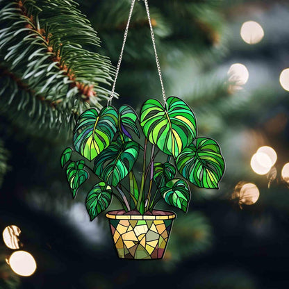 Monstera Leaves Window Decor, Flowers Acrylic Window Hanging