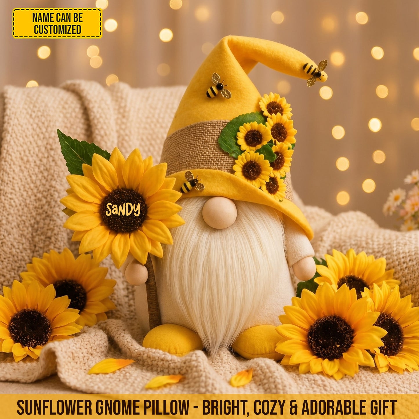 Personalized Sunflower Gnome Custom Shaped Pillow