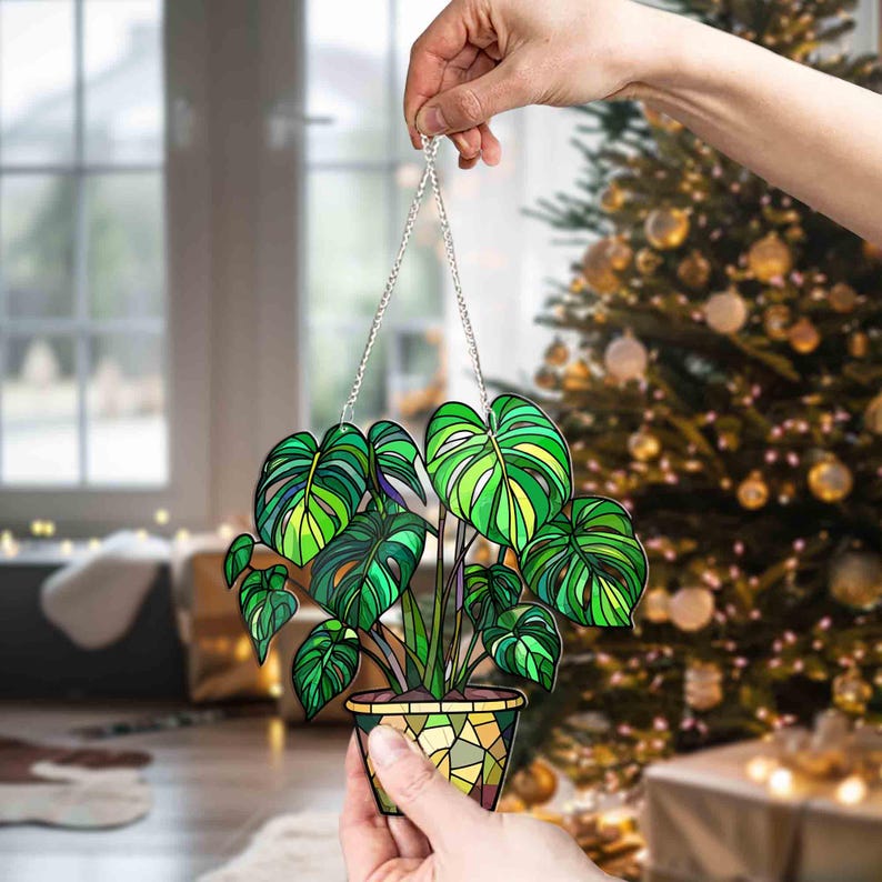 Monstera Leaves Window Decor, Flowers Acrylic Window Hanging