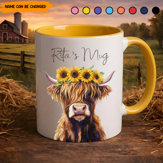 Highland Cow With Sunflower Accent Mug - Personalized Accent Mug