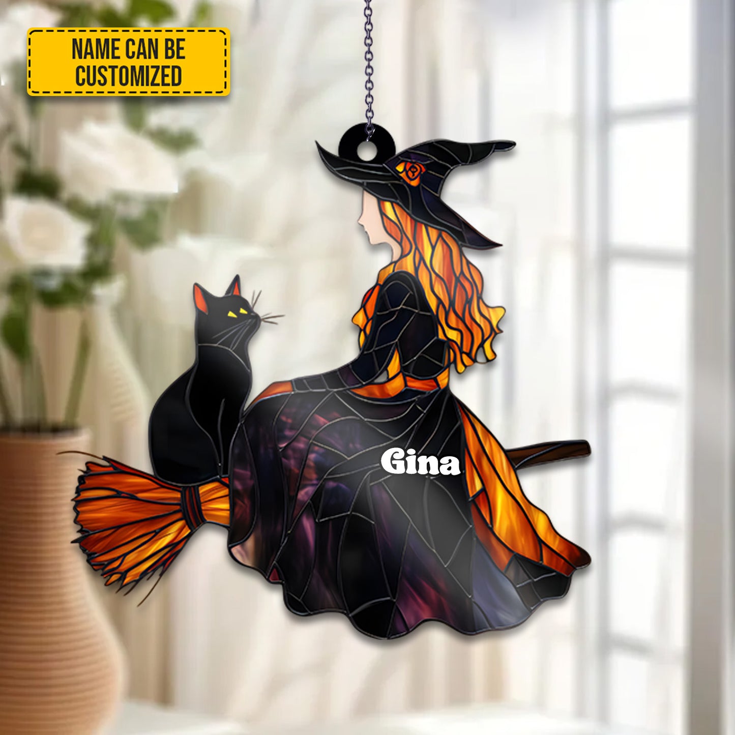Beautiful Witch With Black Cat - Personalized Witch Acrylic Window