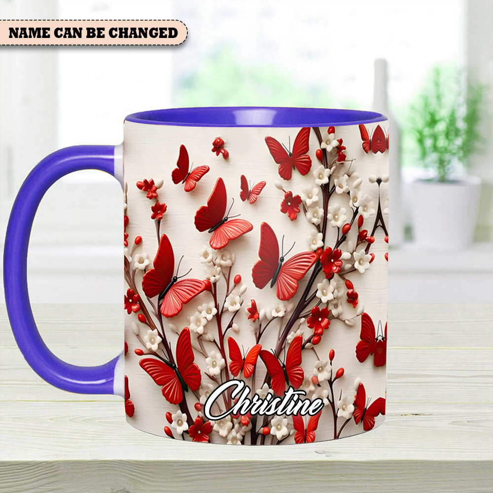 Red White Butterfly Flowers Accent Mug - Personalized  Accent Mug