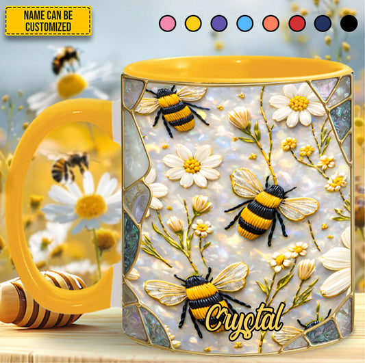 Bee Floral Daisy Stained Glass  - Personalized Bee Accent Mug