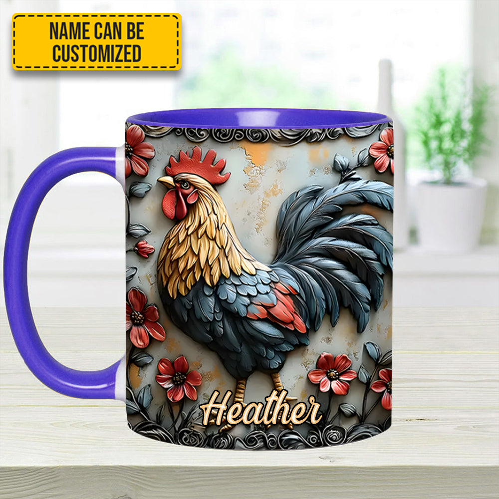 Rooster and Vibrant Flowers - Personalized Chicken Accent Mug