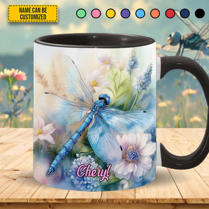 Dragonfly Flowers - Personalized Dragonfly Accent Mug