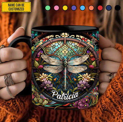 Dragonfly Stained Glass With Flowes - Personalized Dragonfly Accent Mug