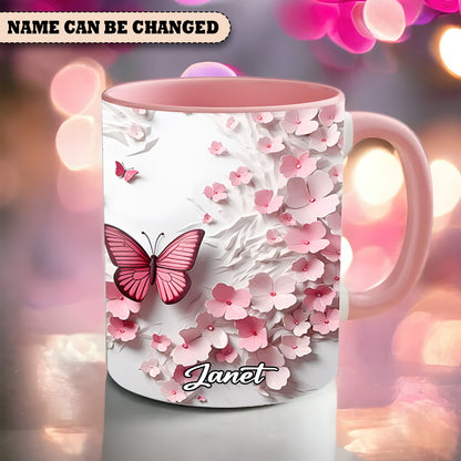Pink Butterfly With Flowers - Personalized Butterfly Accent Mug