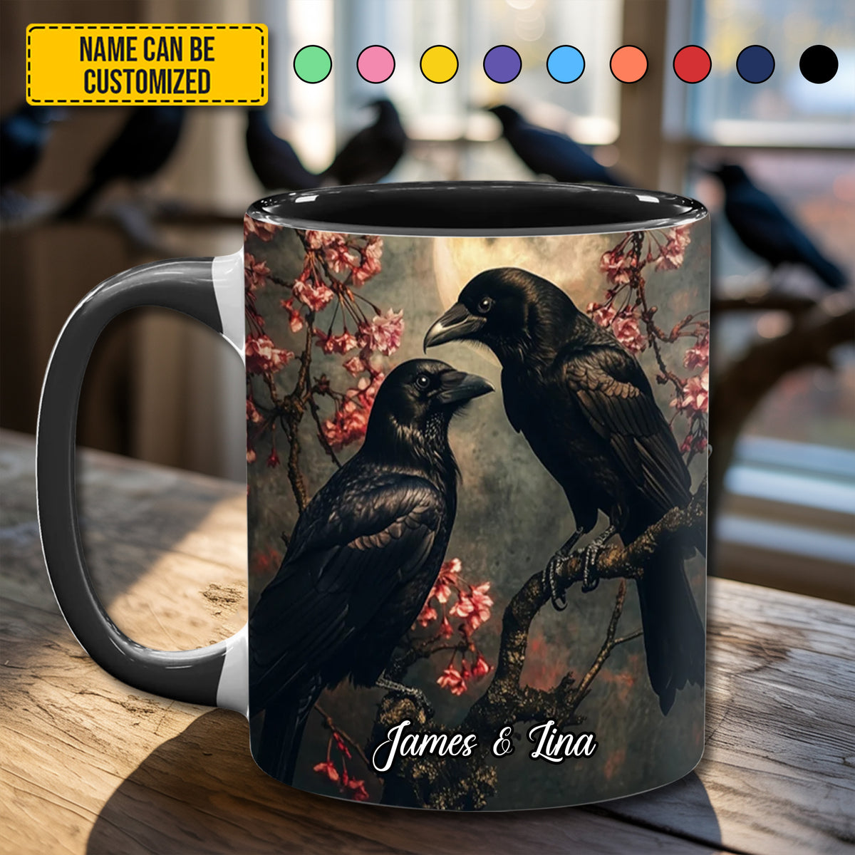 Eternal Bond – Personalized Couple Raven Accent Mug