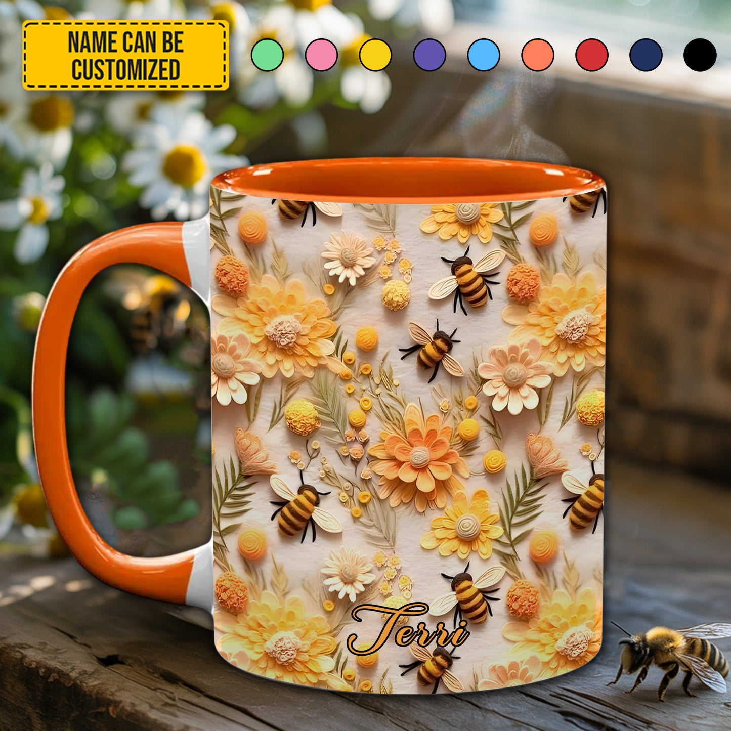 Personalized Honey Bee With Flowers Accent Mug