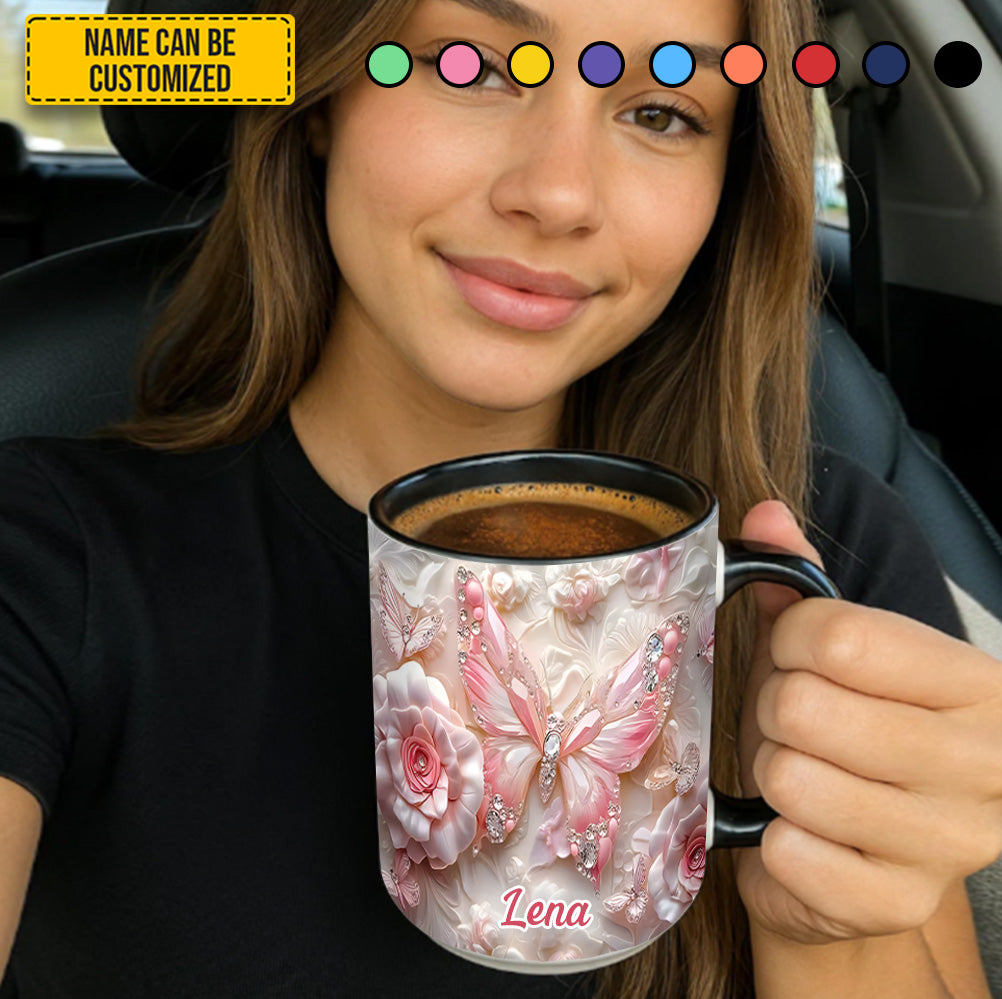 Personalized Pink Butterfly & Flower Accent Mug