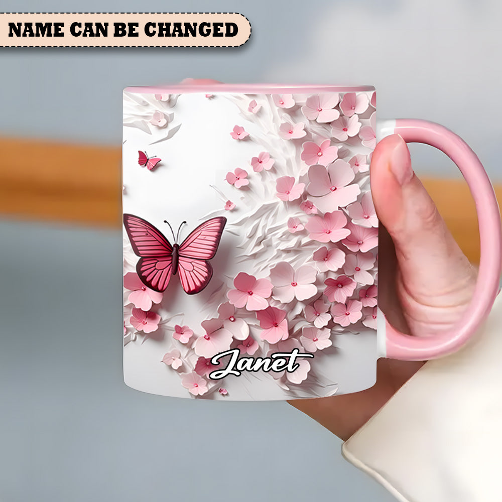Pink Butterfly With Flowers - Personalized Butterfly Accent Mug