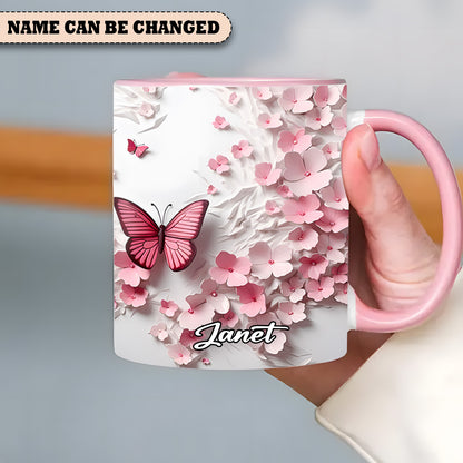 Pink Butterfly With Flowers - Personalized Butterfly Accent Mug