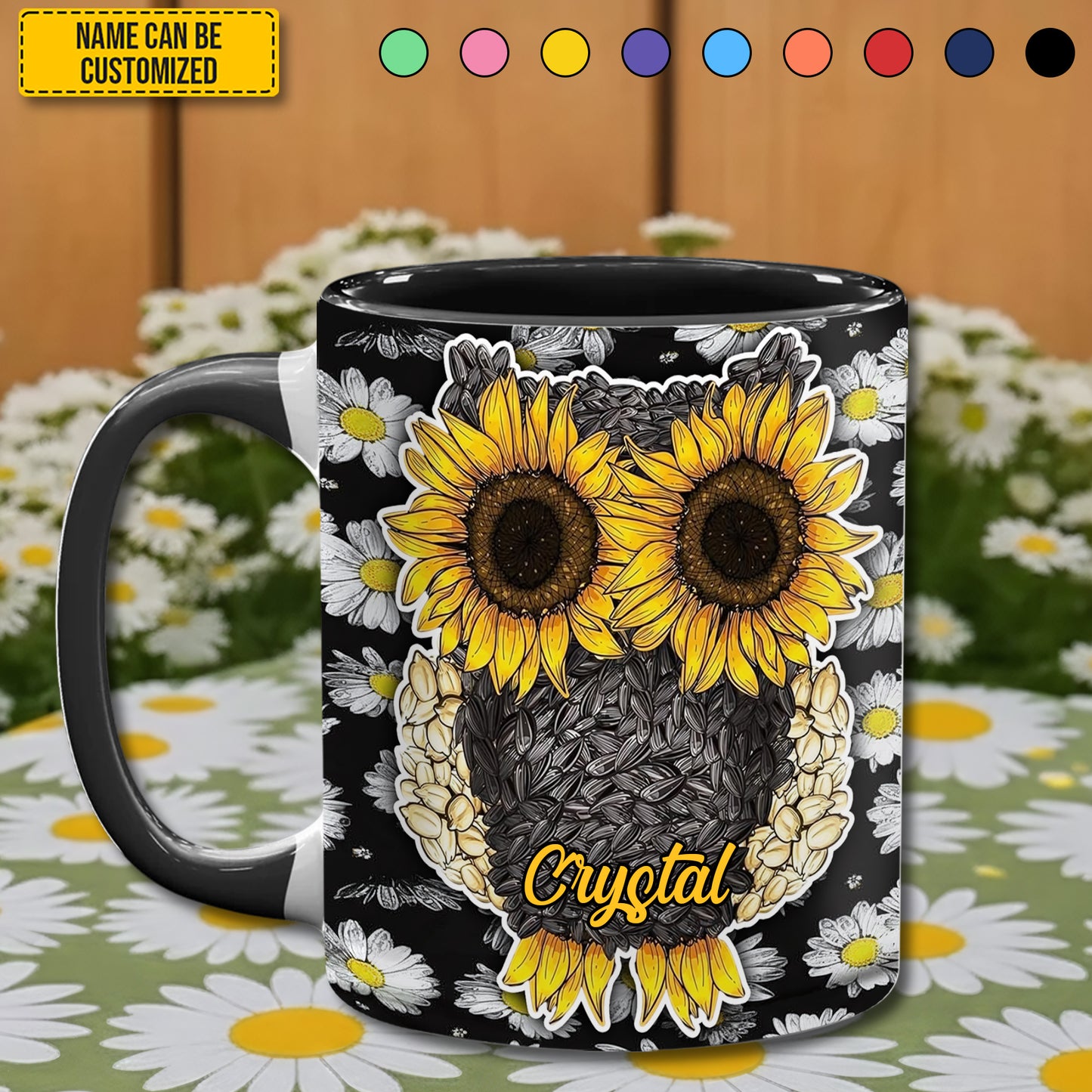 Owl Sunflower Daisy - Personalized Owl Accent Mug