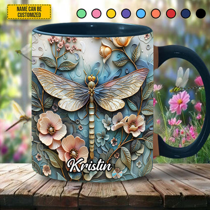 Dragonfly Flowers - Personalized Dragonfly Accent Mug