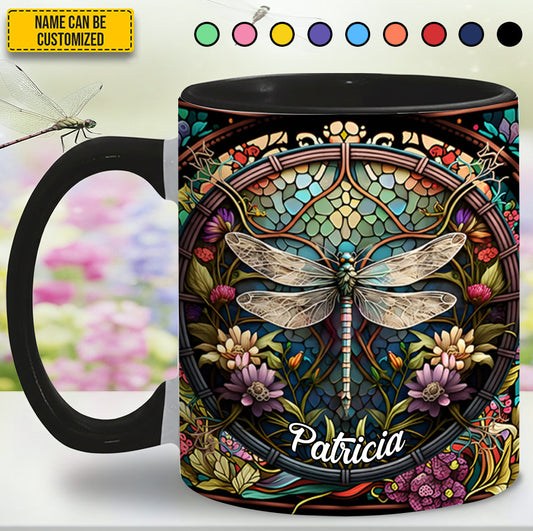 Dragonfly Stained Glass With Flowes - Personalized Dragonfly Accent Mug